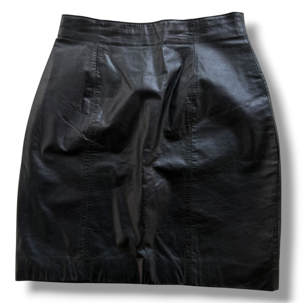 Vintage Byrnes & Baker Women 8 Black Genuine Leather High Waisted Mini Skirt Y2K